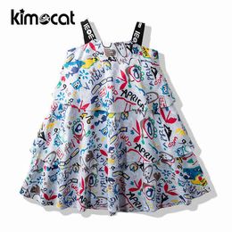 Kimocat Summer Girl Floral Cotton Suspender Dress Full Of Graffiti Shape Sweet Off-The-Shoulder Dress Pleated Princess Dress Q0716