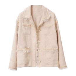 Women Apricot Tweed Short Jacket Turn Down Collar Pocket Button Tassel Cardigan Spring Autumn Small Fragrance C0231 210514
