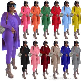 Women Sports Tracksuits Autumn Long Sleeve Two Piece Suit Solid Medium Length Split T-shirts and pants Designers Clothes 2021 XS-XXXXXL