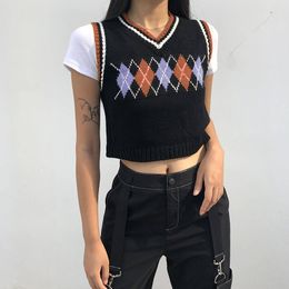 Argyle Plaid Knitted Tank Top Female Streetwear Preppy Style Clothes Stripe VNeck Cropped Knitwear 90s Sweater Vest 210518