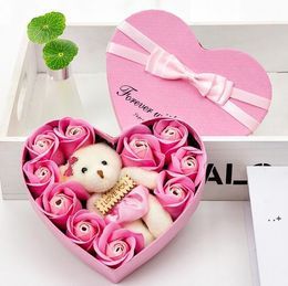 Fedex 10 Flowers Soap Flower Gift Rose Box Bears Bouquet for 2022 Valentines Day Wedding Decoration Gift Festival Heart-shaped Box RRD13090