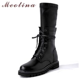 Meotina Winter Mid Calf Boots Women Natural Genuine Leather Zipper Flat Boots Fashion Round Toe Shoes Ladies Fall Size 34-39 210608