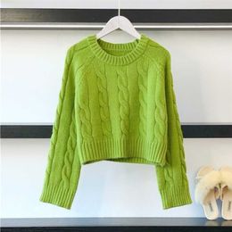 PEONFLY Solid Casual Loose Warm Knitted Cardigan Women Autumn Long Sleeve Short Knitwear Winter Jumper Green 211011
