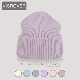 VISROVER 9 Colors Unisex Solid Color Real Rabbit Fur Beanies Winter Hat For Woman Knit Bonnet Acrylic Autumn Warm Skullies 211119
