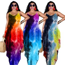 Tie dye Summer Women Maxi Dresses one-piece dress Casual loose skirts Fashion girls Beach wear Plus size S-2XL Floor-length long skirt 4958