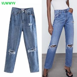 VUWWYV Blue Ripped High Waist Jeans for Women Spring Summer Fashion Streetwear Woman Casual Wide Leg Pants Pockets 210430