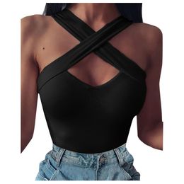 Ladies summer cross straps suspenders straplhollow slim-fit vest tops fashion sexy solid Colour sleevelcamisole X0507