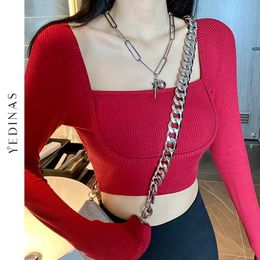 Yedinas Long Sleeve Knitted Square Collar Sexy Crop Top Women Fashion Streetwear Tshirts Bandage White Tees T-shirt 210527