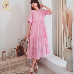 Fashion Embroidery Lace Hollow Out Summer Dress Robe Women's Short Sleeve Loose Waist Casual Big Swing 210520