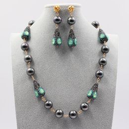 Earrings & Necklace GuaiGuai Jewellery Black Sea Shell Pearl Green Crystal CZ Beads Gold Plated Chain Sets Handmade For Women