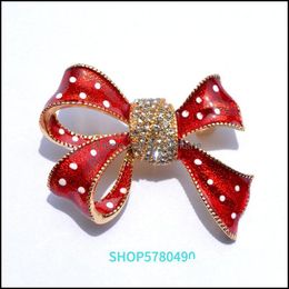 Pins, Brooches Jewelry Fashion Red Color Ribbon Rhinestone For Women Elegant Enameled Pin Lady Christmas Gift Holiday Dress Decoration Drop