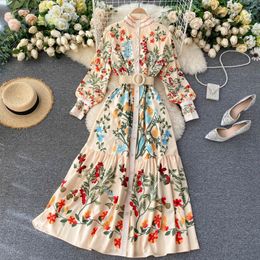 Women Vintage Print Dress Autumn Stand Collar Button Puff Sleeve Long Robe Fashion Chic Flower Streetwear Maxi Dresses 210419