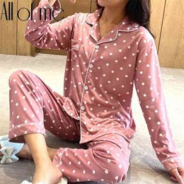 Pajamas Set Women Homewear Dot Pattren Long Sleeves Pink Blue Pijamas Sets Soft Pyjamas Female Lingerie Sleepwear Suit for Girls 210330