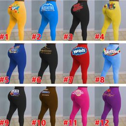 Women Yoga Pants Leggings Sexy Designer Slim Letters Pattern Printed Candy Colour Pencil Pants Ladies Fashion Tight Trousers