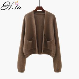 H.SA Women Winter Open Stitch Sweater and Cardigans Long Sleeve Button Up Knit Ponhoes Loose Oversized Khaki Cape Femme 210417