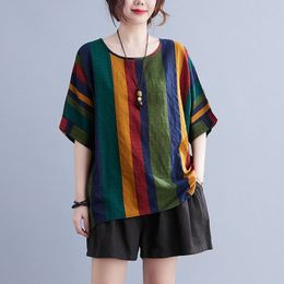 Oversized Women Cotton Linen Casual T-shirts New Arrival Summer Vintage Style Colourful Striped Loose Female Tops Tees S3569 210412