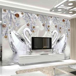 Po Wallpaper 3D Stereo Crystal Diamond Swan Lake Romantic Beautiful Jewelry TV background Wall Mural European Style 3 D Decor 210722