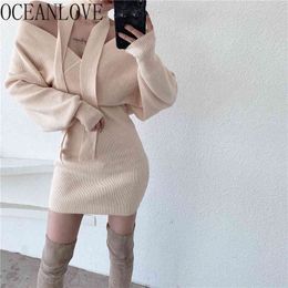 Autumn Sexy Dress Solid V Neck High Waist Winter Vestidos Knitted Bodycon Party Mini Dresses Korean Style 19295 210415
