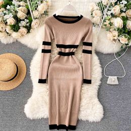 Women Warm Knitted Dress Autumn Winter Long Sleeve Striped Slim Pencil Dress Elastic Fashion Bodycon Sweater Dresses 210419