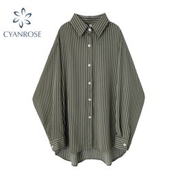 Summer Green Retro Stripe Long Sleeve Women's Blouse Korean Style Streetwear Button Up Ladies Shirt Asymmertrical Tops Lady 210417