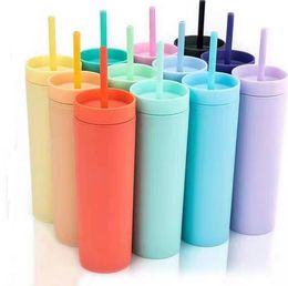 16oz Acrylic Skinny Tumblers Matte Colors Double Wall 500ml Tumbler Coffee Drinking Plastic Sippy Cup With Lid Straws SN5337