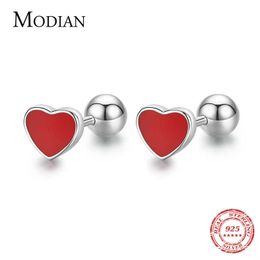 Exquisite Hearts Red Enamel Stud Earrings 925 Sterling Silver Round Screw Bead Fashion Earring For Women Fine Jewelry 210707
