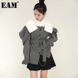 [EAM] Loose Fit Grey Shaped Bandage Jacket Lapel Long Lantern Sleeve Women Coat Fashion Autumn Winter 1DD350702 210512