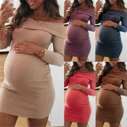 Maternity Dress for Pregnant Women Clothes Casual Solid Colour One-shoulder Long-sleeved Pography Sexy Skinny Vestidos 210922