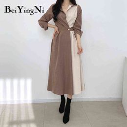 Beiyingni Elegant Dresses for Womans Temperament Spell Colour High Waist Midi Dress Women Kpop Vintage Office Ladies Vestidos Y1204