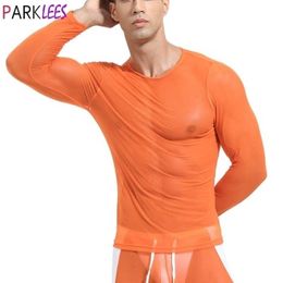 Orange Transparent Mesh Tshirt Men Sexy See Through Fishnet Sheer Top Long Sleeve Slim Fit Bodybuilding Tops Tees S-XL 210522