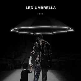 Automatic Reverse Umbrella Led Luminous Windproof 3 Folding Business Strong Umbrella Rain Men Car High Quality 10K Parasol 210401