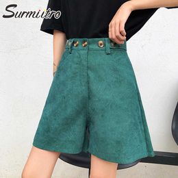 SURMIITRO Summer Corduroy Wide Leg Shorts Women Korean Style Fashion Vintage Green High Waist Female Short Pants 210712