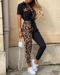 Women Elegant Casual Leopard Print Splicing Short Sleeve Jumpsuit 210415