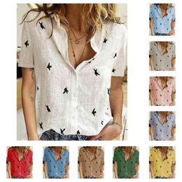 Fashion Women's Loose Print Multicolor Short Sleeve Shirt Female Oversized Single-breasted Turn-Down Collar Blouse Femme 210517