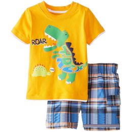 Yellow Dino Boy Clothes Set ROAR Children T-Shirt Plaid Pant Suit Kids Outfit 100% Cotton Tops Panties 2 3 4 5 6 7 Year Clothing 210413