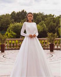 Elegante Satin Brautkleider Langarm Spitze Braut Kleid Muslimischen Brautkleid Covered Back Vestido de novia 2021291D