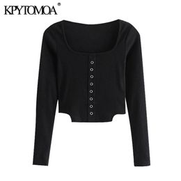 Women Fashion With Buttons Cropped Knitted Blouses Square Collar Long Sleeve Female Shirts Chic Tops 210420