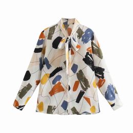 Women Geometry Print Chiffon Shirt Office Lady Long Sleeve Summer Lapel Casual Blouse Spring All-Match Pretty Female Outwear 210521