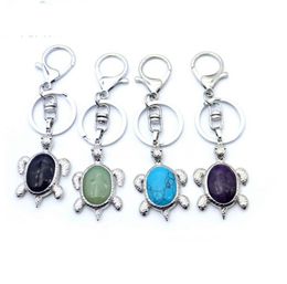 Natural Crystal Stone Turtle Pendant Car Keychains for Ladies Men Bag Decoration Keyrings Buckle Holder Christmas Gift