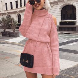 Autumn Winter Turtleneck Off Shoulder Knitted Sweater Dress Women Solid Slim Plus Size Long Pullovers Knitting Jumper 210518