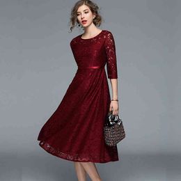 Women Casual Lace Dress top Brand Spring Summer Dresses Fashion Hollow Out Mid-length Elegant A-line Ladies Party Vestidos 210520