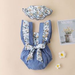 Baby Jumpsuit Infant O-Neck Sleeveless Halter Bodysuit Summer Toddler Girl Floral Romper + Hat 2Pcs Casual Clothes Set 210515