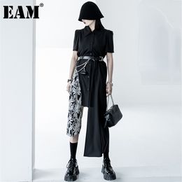 [EAM] Women Black Big Size Spliced Print Dress Lapel Short Puff Sleeve Loose Fit Fashion Spring Summer 1DD7555 210512