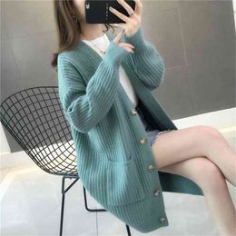Ladies Knitted V-neck Cardigan Mid-length Casual Loose Single-breasted Coat Jacket Female Thick Outwear Women's Autumn Winter 210914