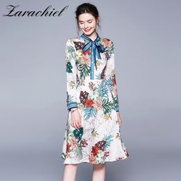 Elegant Floral Summer Fall Women Long Sleeve Striped Bow Tie Collar Flower Print Overlay High Waist Knee Length Dress 210416