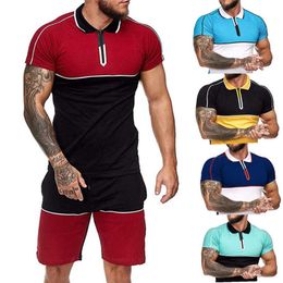 Summer Men New Fitness Set Male Sporting Suits Short Sleeve T Shirt+Shorts 2 Piece Sets Mens Patchwork Outfit Jogger Tracksuit X0610