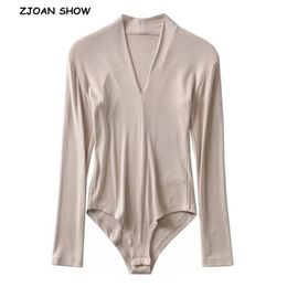 Sexy Vintage V neck Long sleeve Bodysuit Woman Skinny Tight Short Jumpsuit Slim fit Rompers Playsuits 5 Colour 210429