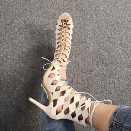 Boots Sexy White Hollow Mid-Calf Woman Peep Toe Stiletto High Heels Lace Up Cover Heel