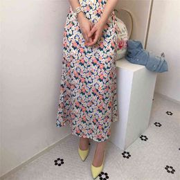 Korean Chic Floral Print Skirts Womens Vintage Elastic High Waist Midi Summer Sweet Ladies Holiday Saia Faldas 210529