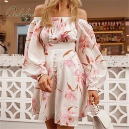 Summer Women Chiffon Party Mini Print Floral Off Shoulder Pleated Tunic Vintage Short Vacation Beach Dress 210415
